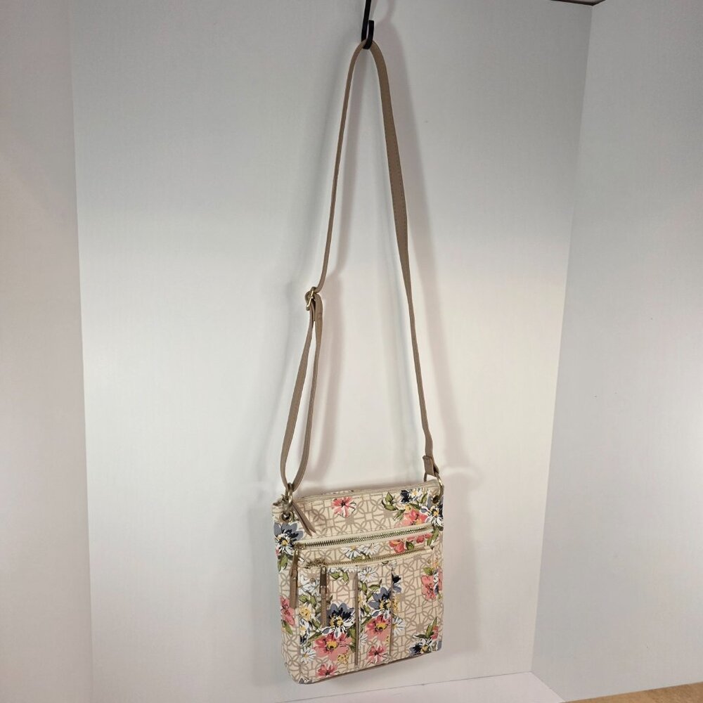 Floral Crossbody Bag Tan Neutral Multi Pocket Adjustable Strap - Picture 3 of 9